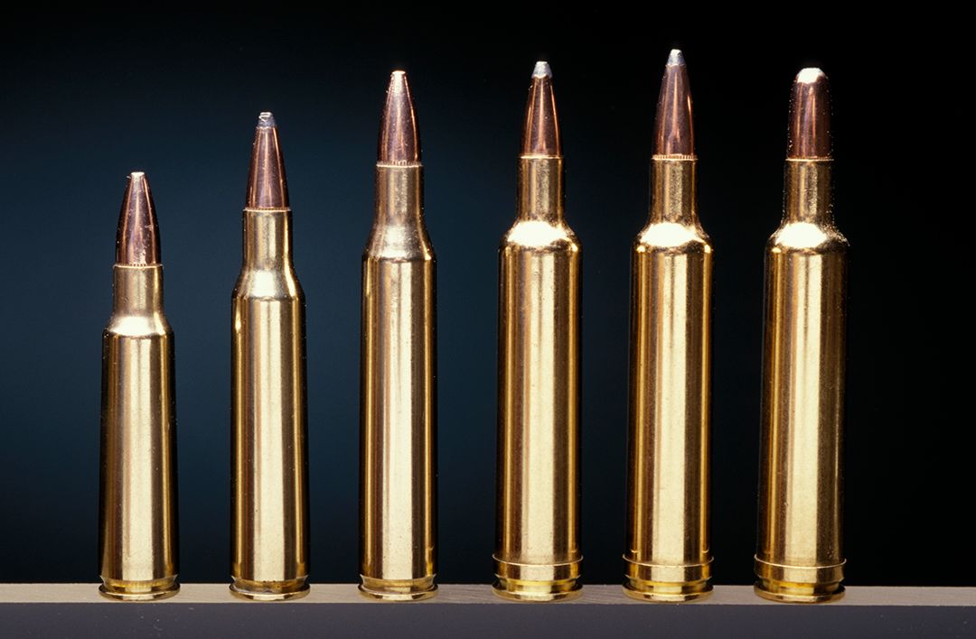 A showing of the more popular .25 caliber ammunition includes (left to right) the .250 Savage, .257 Roberts, .25/06 Remington and the three factory offerings for the .257 Weatherby to include the 87, 100 and 117-grain bullets.